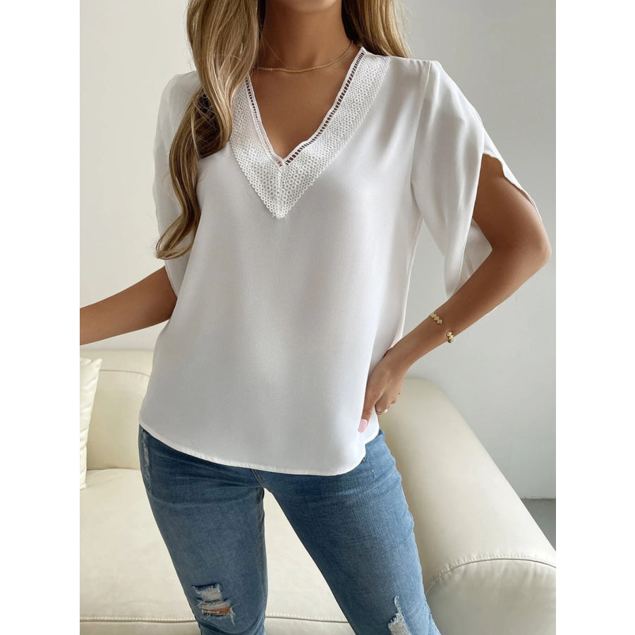 V - Neck Short Sleeve Blouse White / S Apparel and Accessories