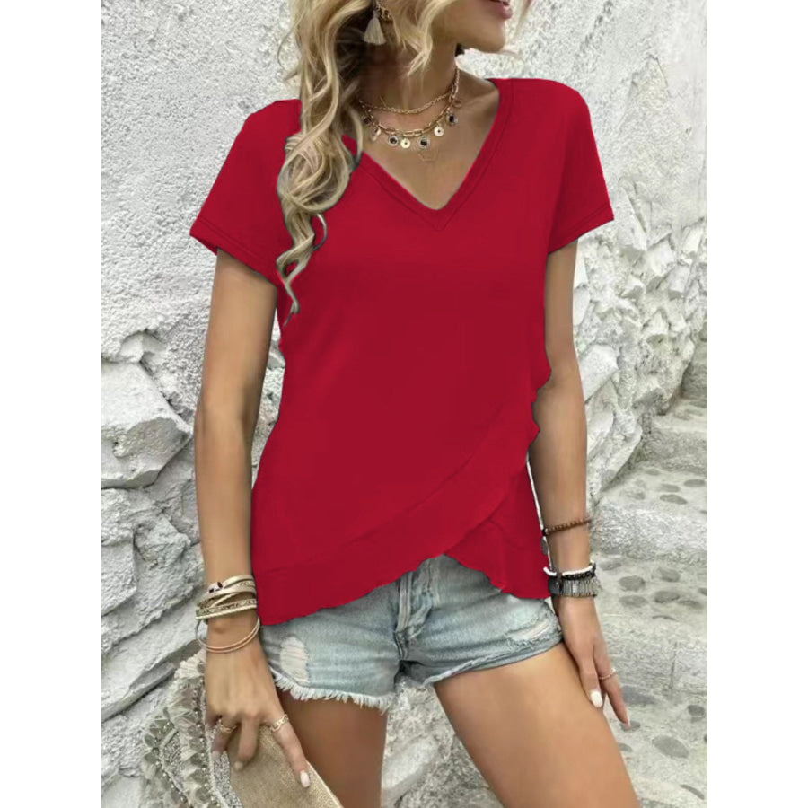 V - Neck Short Sleeve Blouse Wine / S Apparel and Accessories