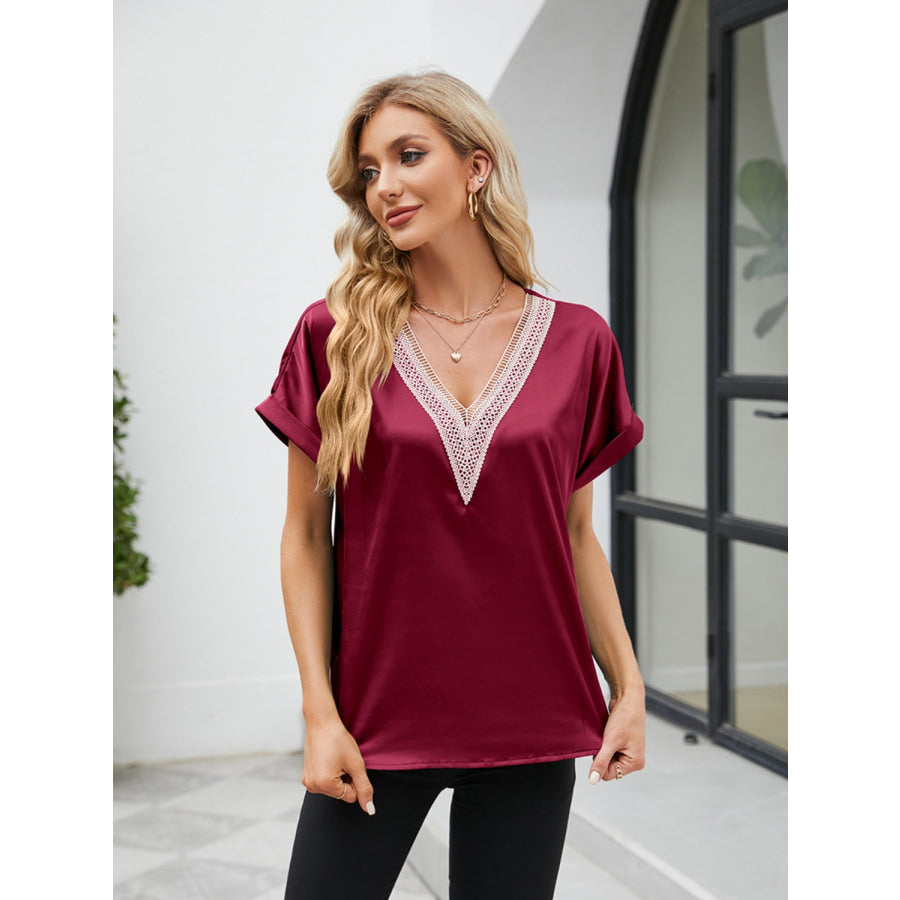 V - Neck Short Sleeve Blouse Wine / S Apparel and Accessories