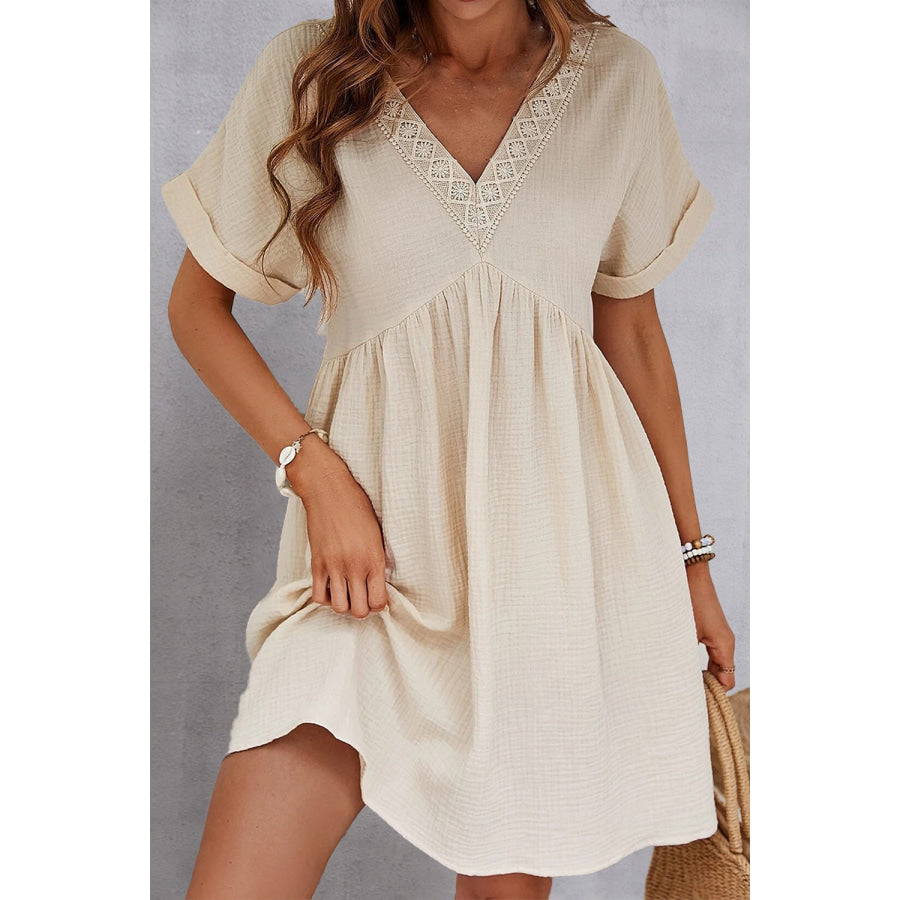 V - Neck Short Sleeve Dress Cream / S Apparel and Accessories