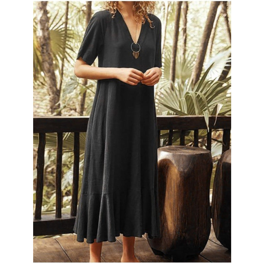 V-Neck Short Sleeve Dress with Pockets Black / S Apparel and Accessories