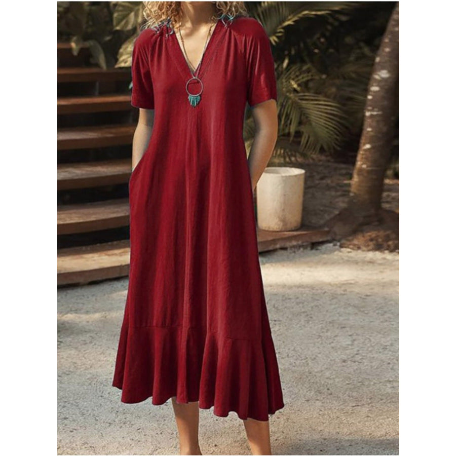 V-Neck Short Sleeve Dress with Pockets Burgundy / S Apparel and Accessories