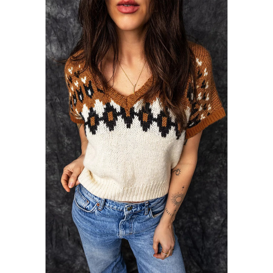 V Neck Short Sleeve Geometric Sweater Apparel and Accessories