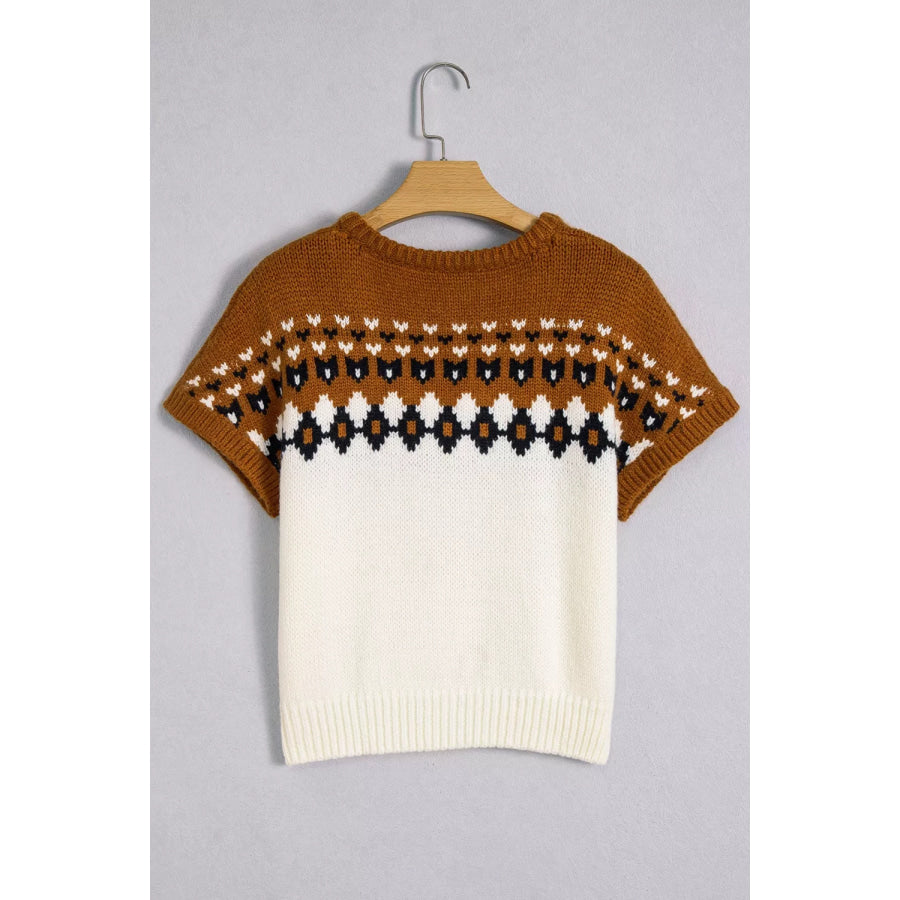 V Neck Short Sleeve Geometric Sweater Apparel and Accessories