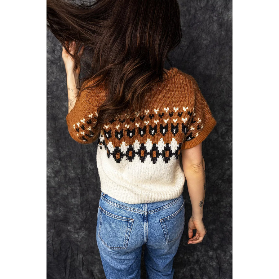 V Neck Short Sleeve Geometric Sweater Apparel and Accessories