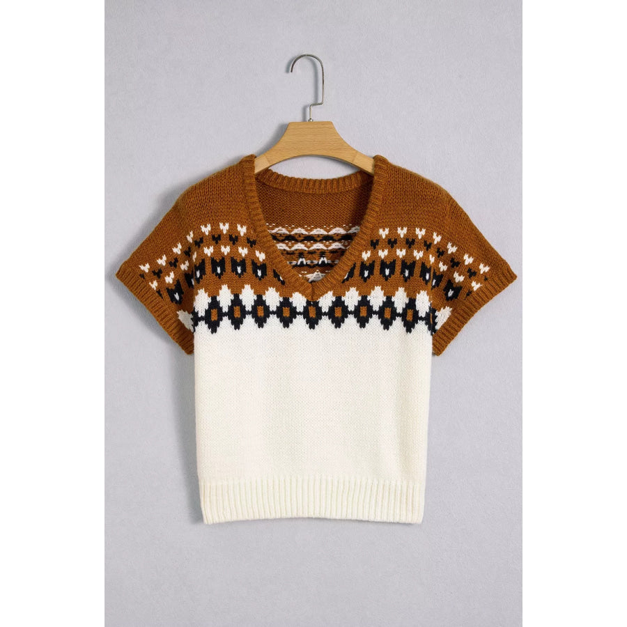 V Neck Short Sleeve Geometric Sweater Apparel and Accessories