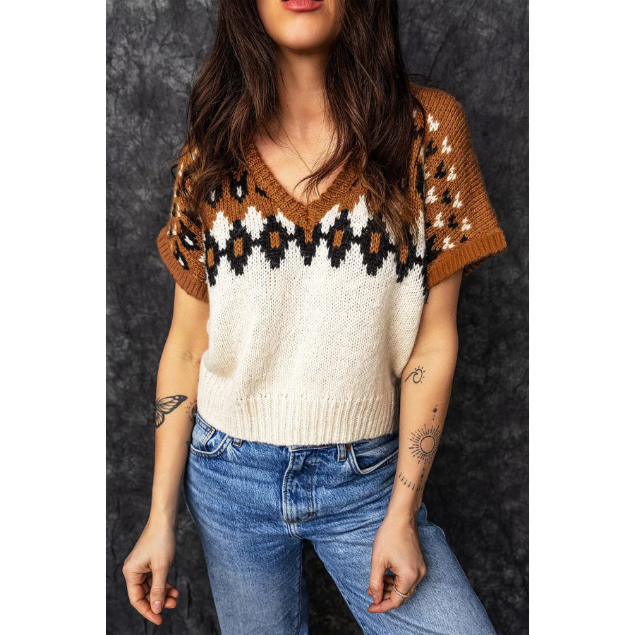 V Neck Short Sleeve Geometric Sweater Brown / S Apparel and Accessories