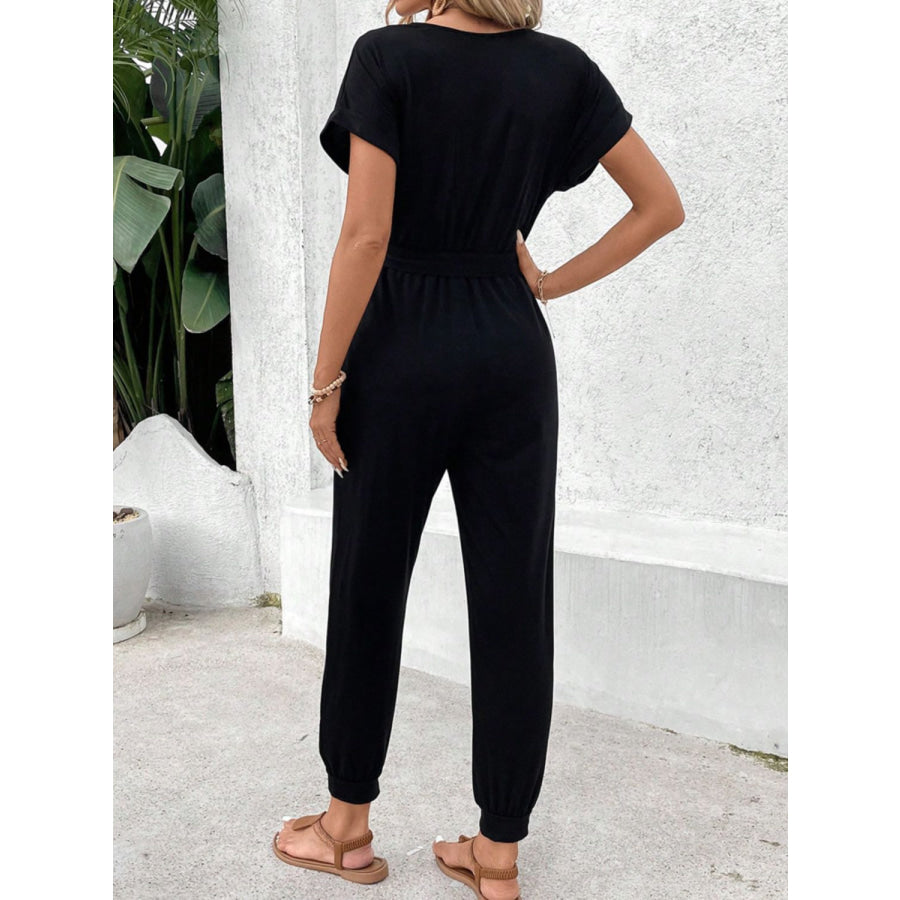 V-Neck Short Sleeve Jumpsuit Black / S Apparel and Accessories