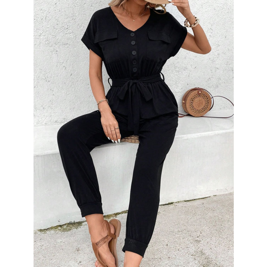 V-Neck Short Sleeve Jumpsuit Apparel and Accessories
