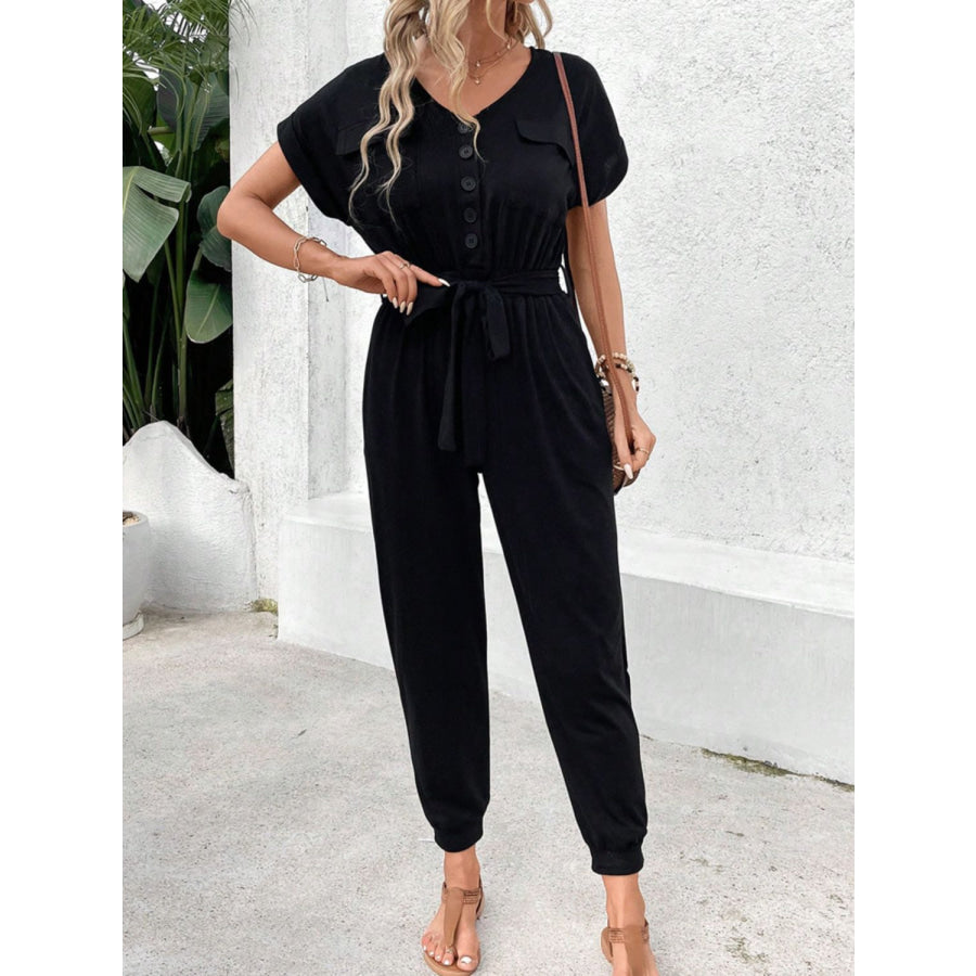 V-Neck Short Sleeve Jumpsuit Apparel and Accessories
