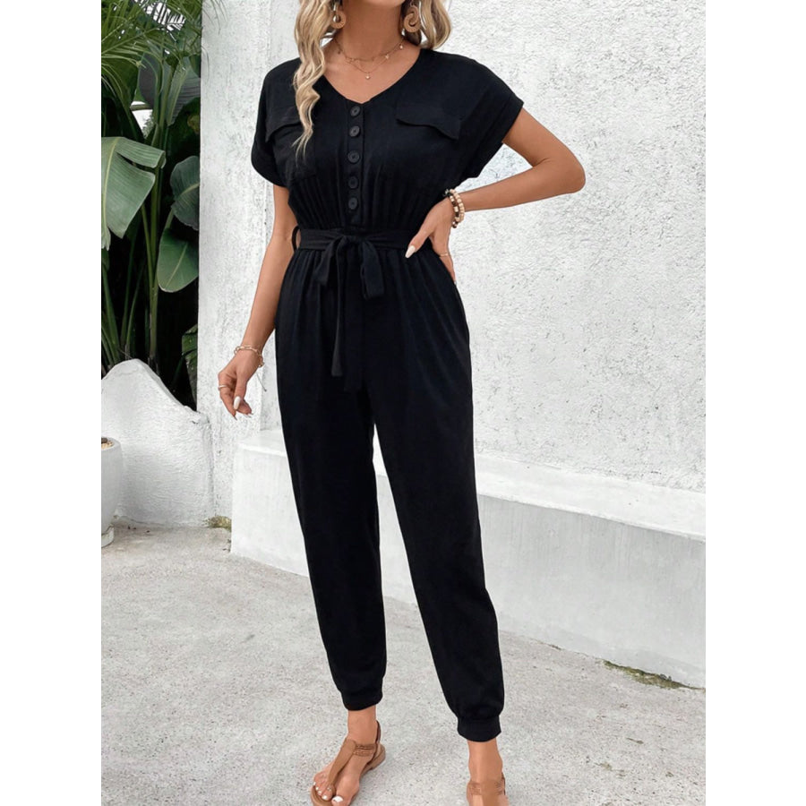V-Neck Short Sleeve Jumpsuit Apparel and Accessories