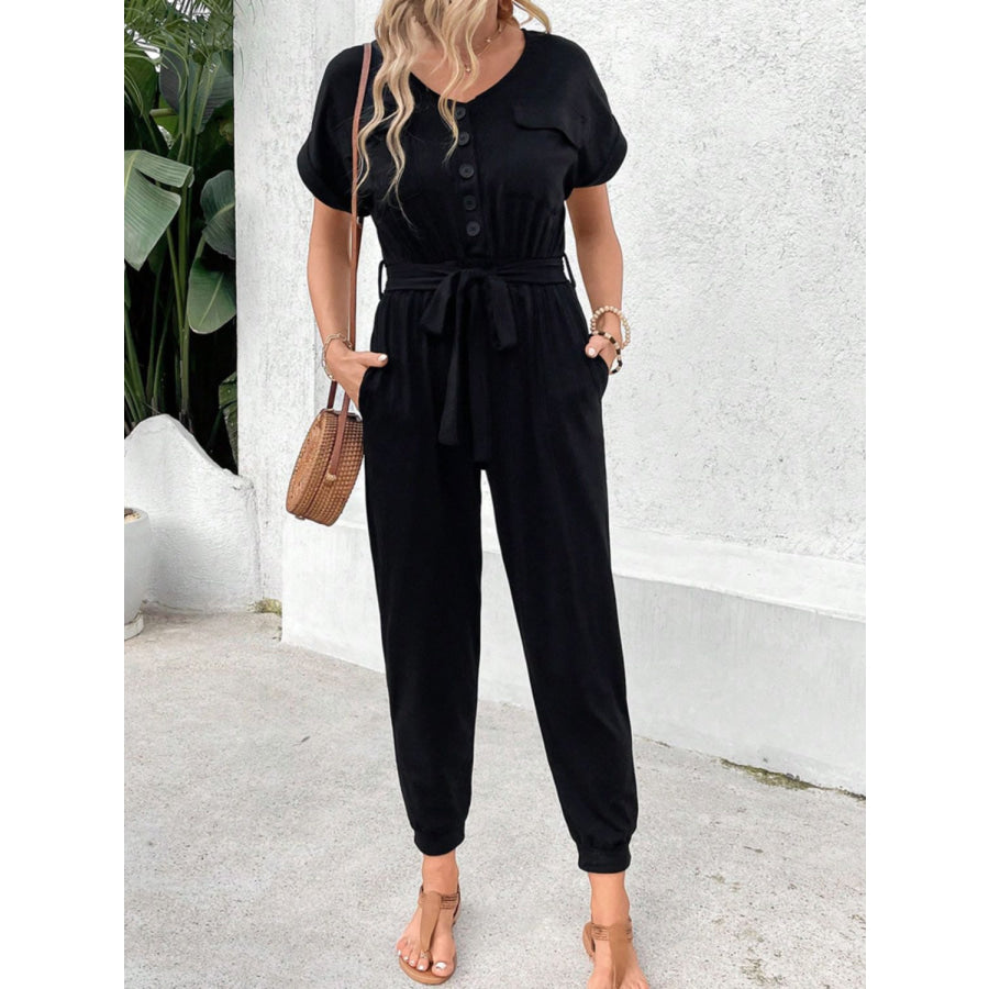 V-Neck Short Sleeve Jumpsuit Black / S Apparel and Accessories