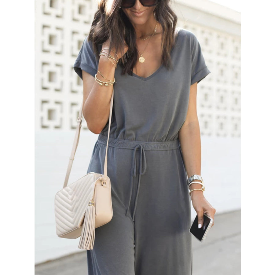 V-Neck Short Sleeve Jumpsuit Gray / S Apparel and Accessories