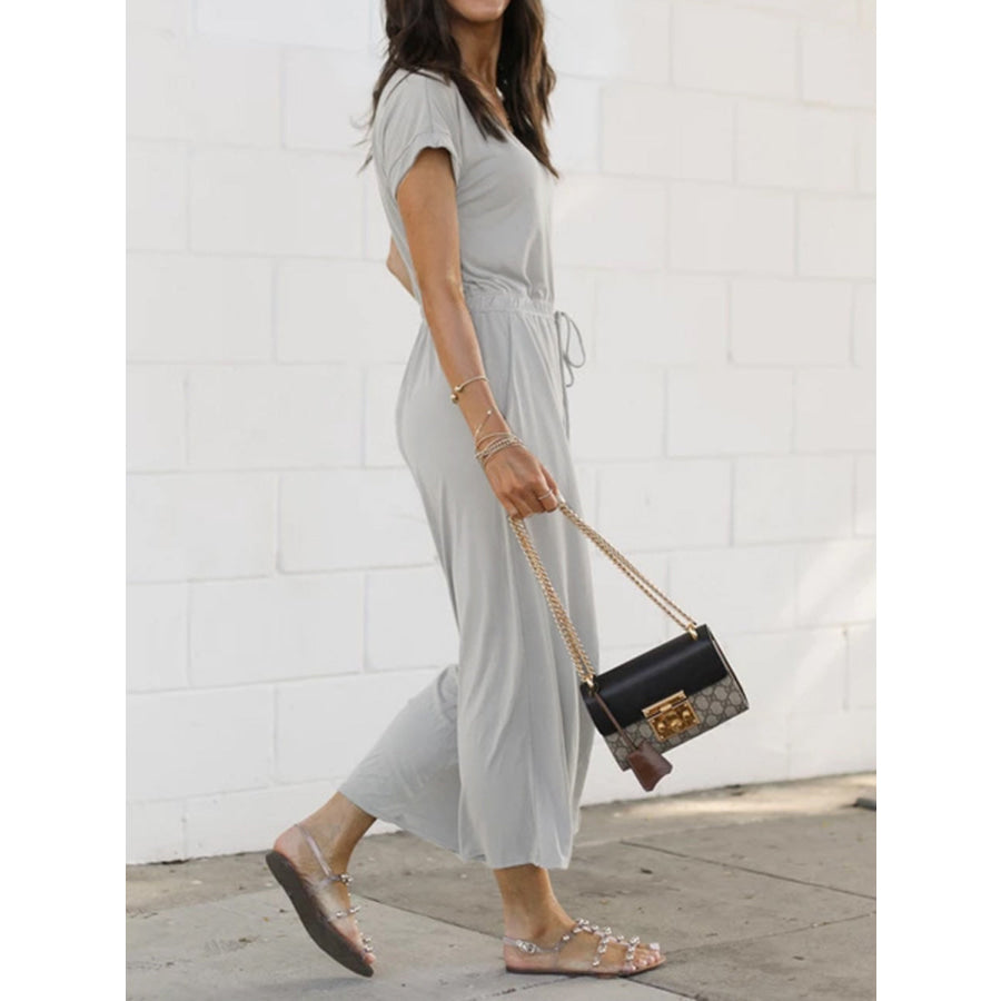 V-Neck Short Sleeve Jumpsuit Light Gray / S Apparel and Accessories