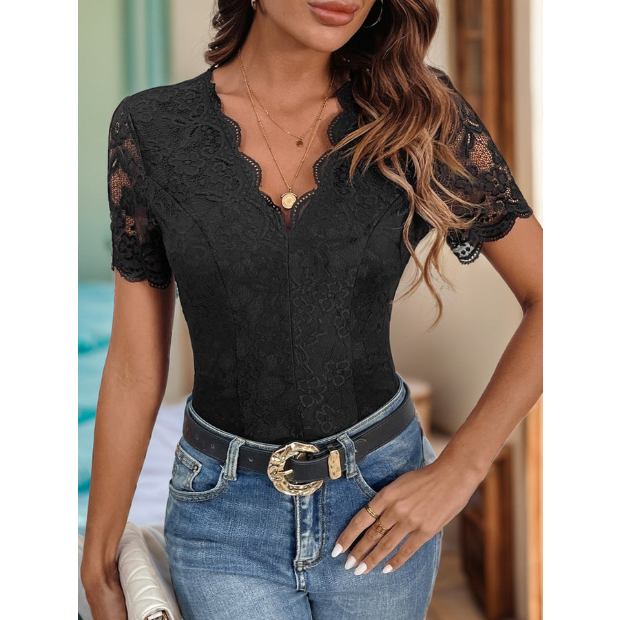 V-Neck Short Sleeve Lace Bodysuit Apparel and Accessories