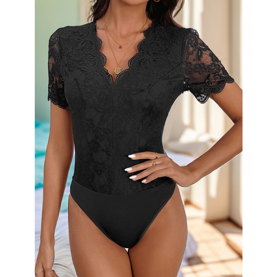 V-Neck Short Sleeve Lace Bodysuit Black / S Apparel and Accessories