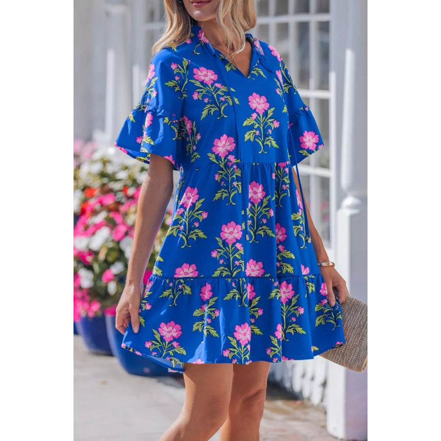 V Neck Short Sleeve Loose Flower Dress Apparel and Accessories