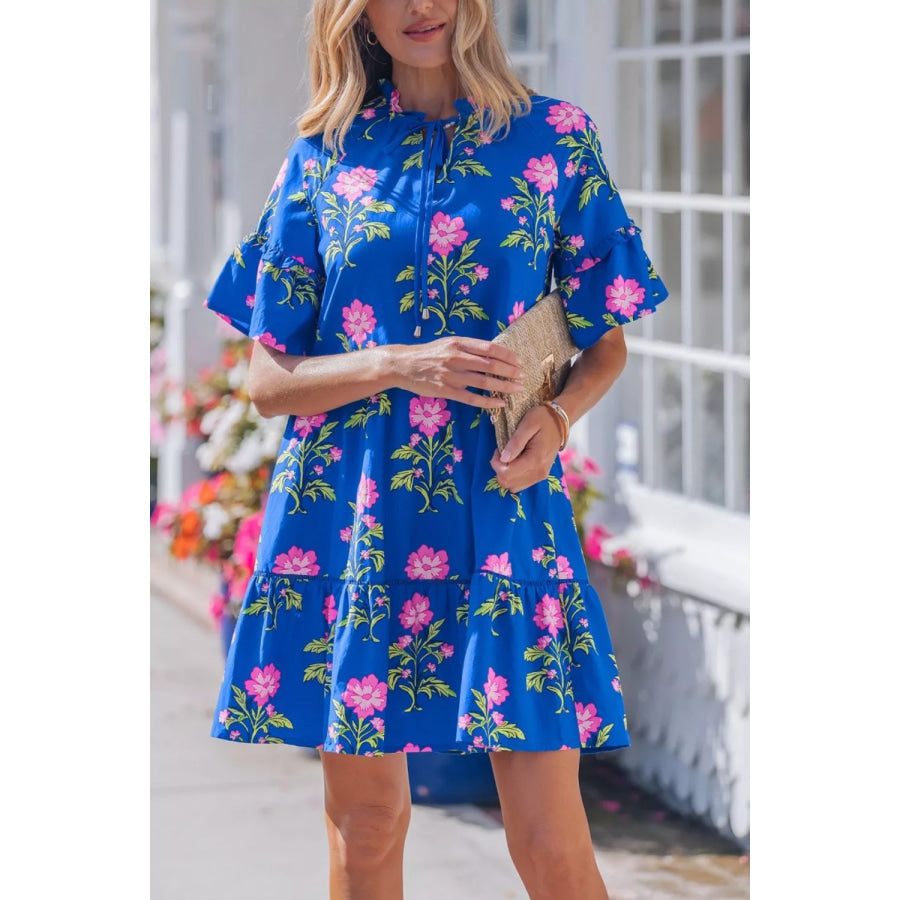 V Neck Short Sleeve Loose Flower Dress Apparel and Accessories