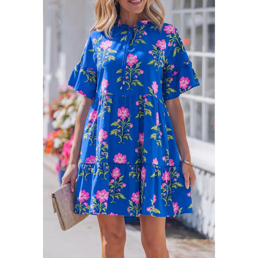V Neck Short Sleeve Loose Flower Dress Apparel and Accessories