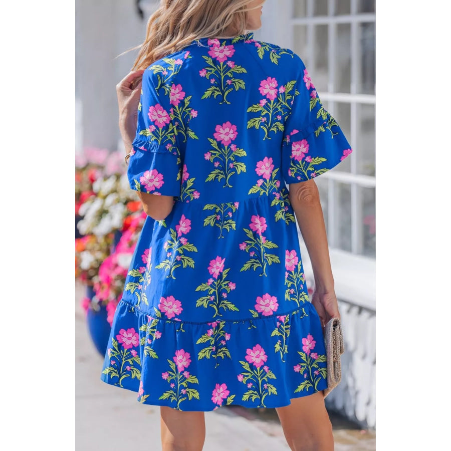 V Neck Short Sleeve Loose Flower Dress Apparel and Accessories