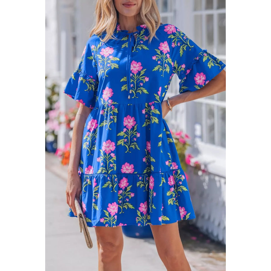 V Neck Short Sleeve Loose Flower Dress Royal Blue / S Apparel and Accessories