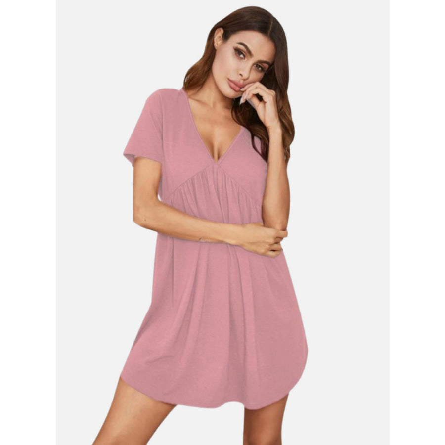 V-Neck Short Sleeve Lounge Dress Dusty Pink / S Apparel and Accessories