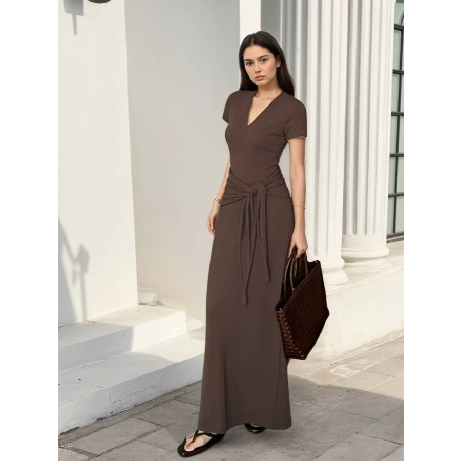 V-Neck Short Sleeve Maxi Dress with Waist-Tie Detail Coffee Brown / One Size Apparel and Accessories