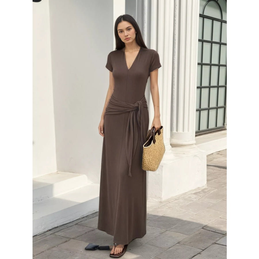 V-Neck Short Sleeve Maxi Dress with Waist-Tie Detail Coffee Brown / One Size Apparel and Accessories