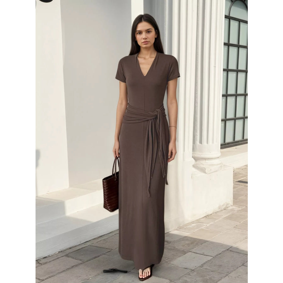 V-Neck Short Sleeve Maxi Dress with Waist-Tie Detail Coffee Brown / One Size Apparel and Accessories