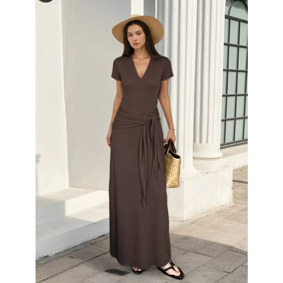 V-Neck Short Sleeve Maxi Dress with Waist-Tie Detail Coffee Brown / One Size Apparel and Accessories
