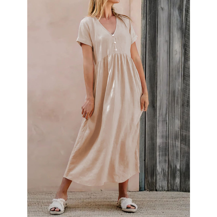 V - Neck Short Sleeve Midi Dress Apparel and Accessories