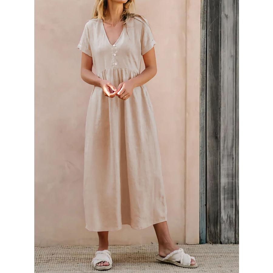 V - Neck Short Sleeve Midi Dress Apparel and Accessories