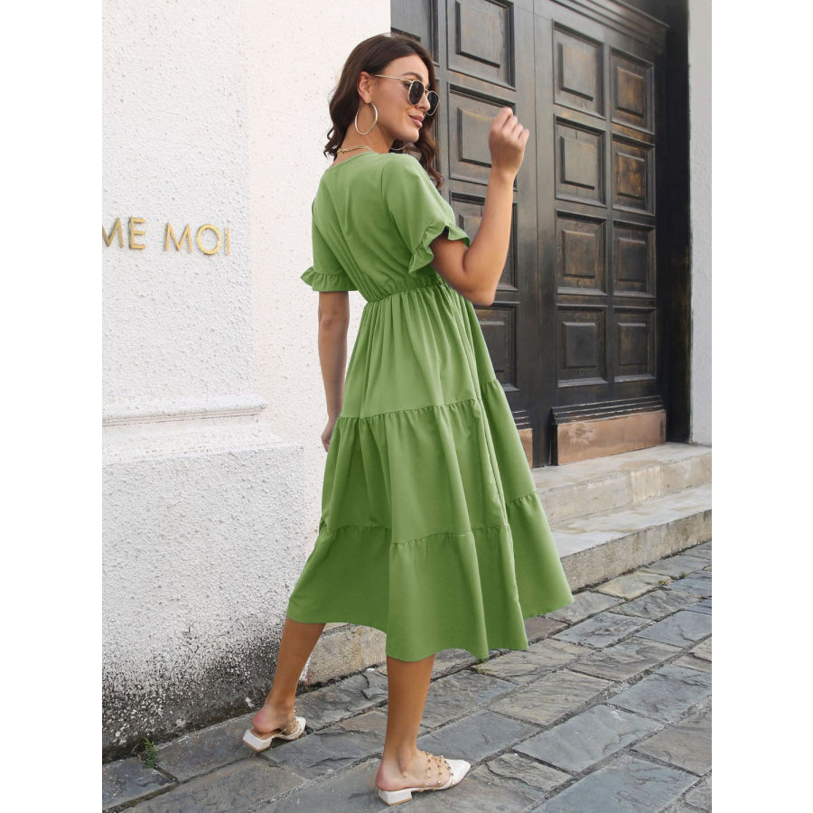 V-Neck Short Sleeve Midi Dress Apparel and Accessories