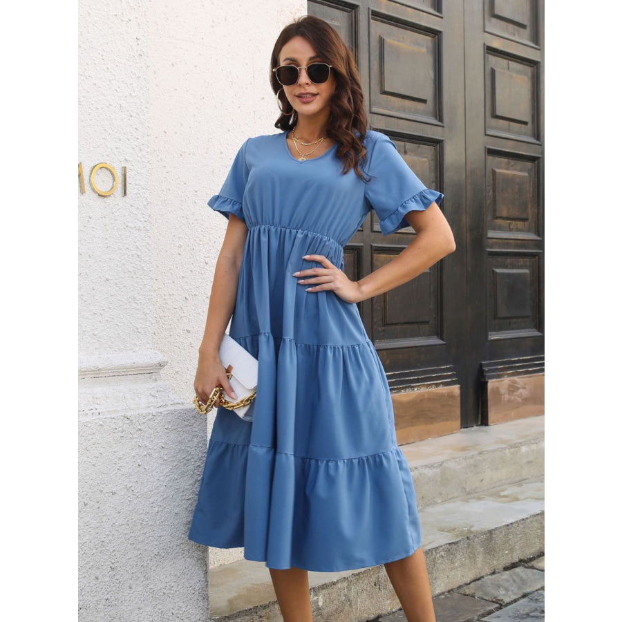 V-Neck Short Sleeve Midi Dress Apparel and Accessories