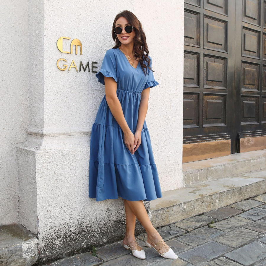 V-Neck Short Sleeve Midi Dress Apparel and Accessories