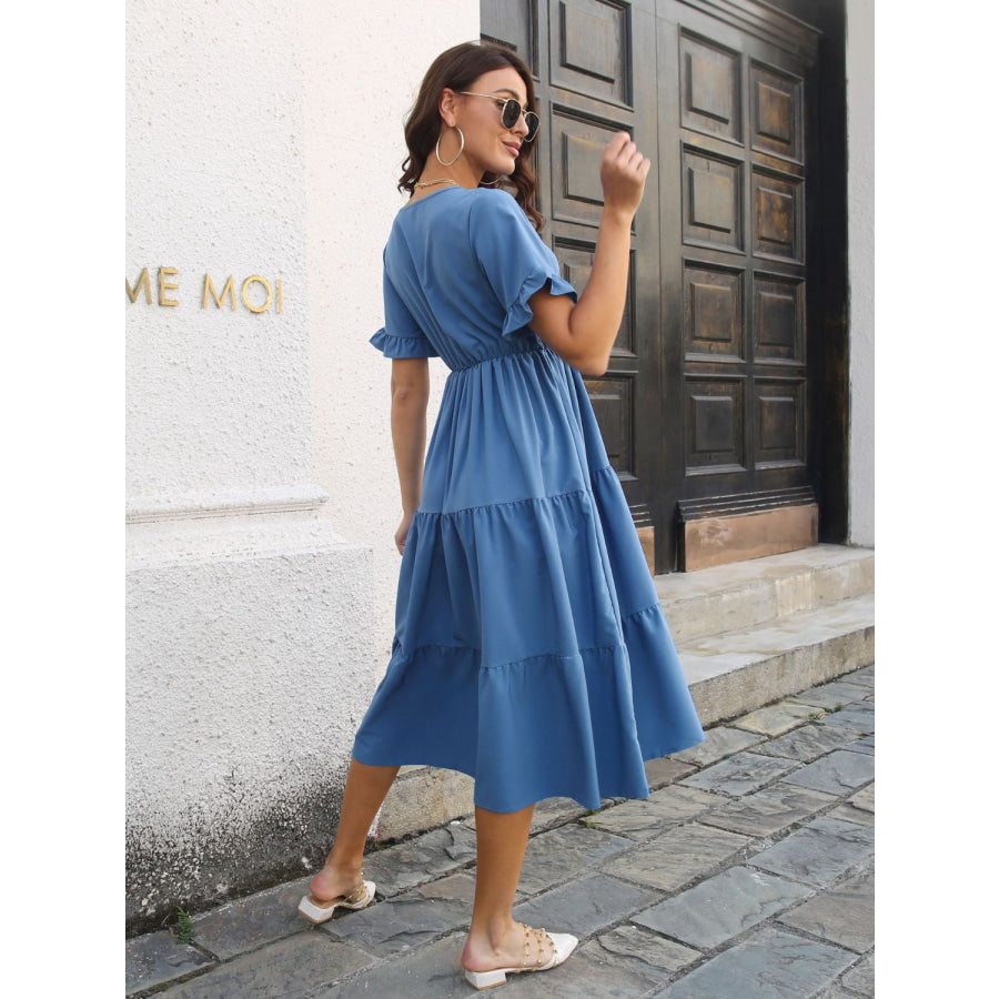 V-Neck Short Sleeve Midi Dress Apparel and Accessories