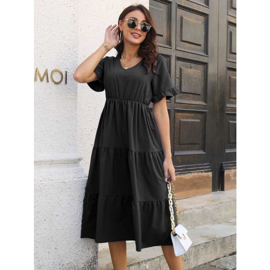 V-Neck Short Sleeve Midi Dress Apparel and Accessories