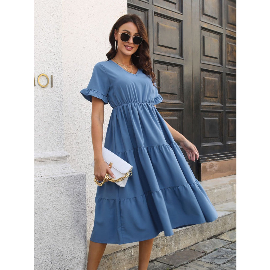 V-Neck Short Sleeve Midi Dress Apparel and Accessories