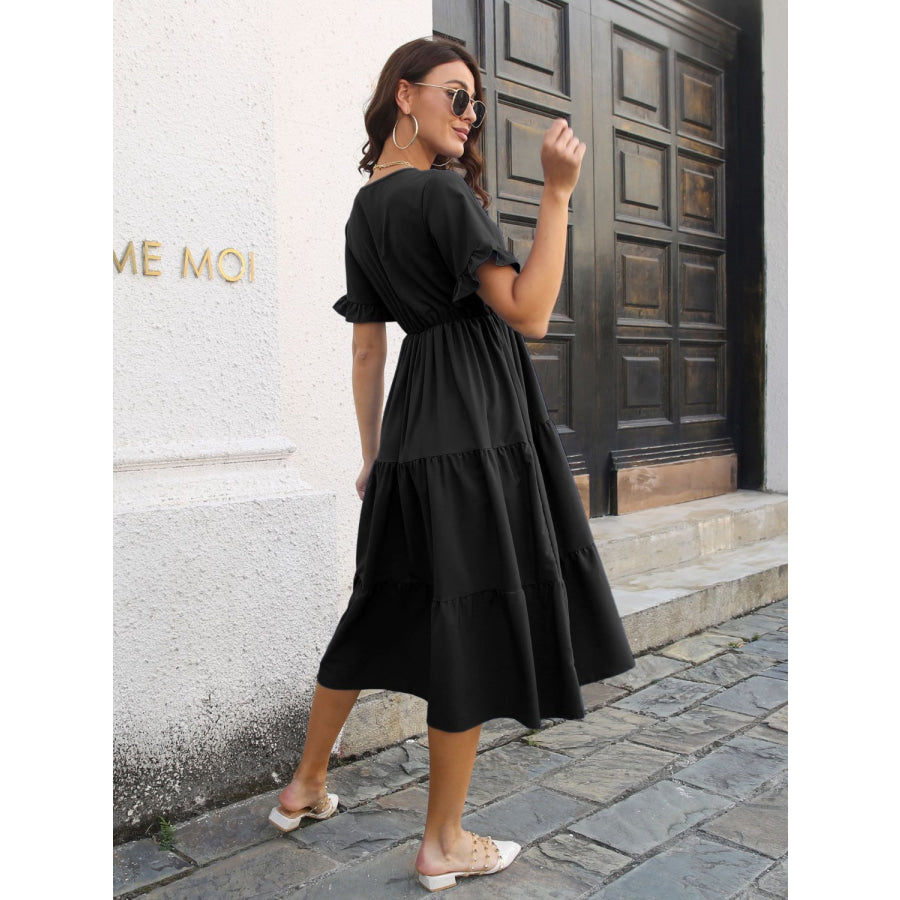 V-Neck Short Sleeve Midi Dress Apparel and Accessories