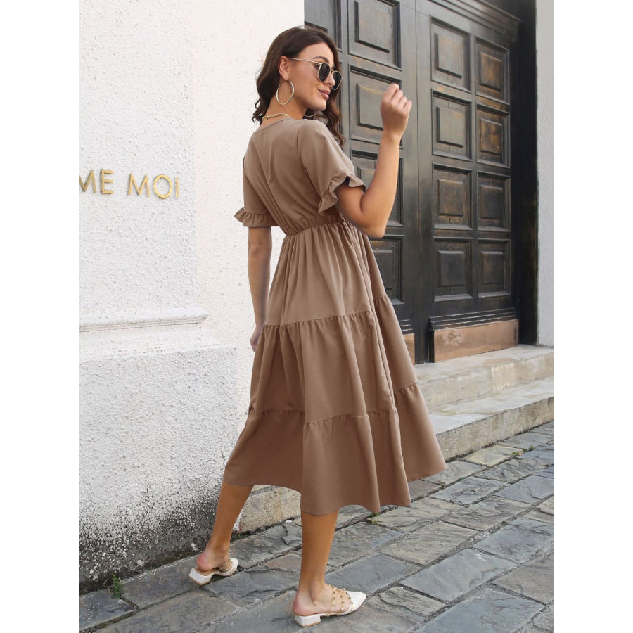 V-Neck Short Sleeve Midi Dress Apparel and Accessories