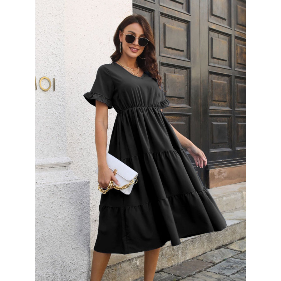 V-Neck Short Sleeve Midi Dress Apparel and Accessories