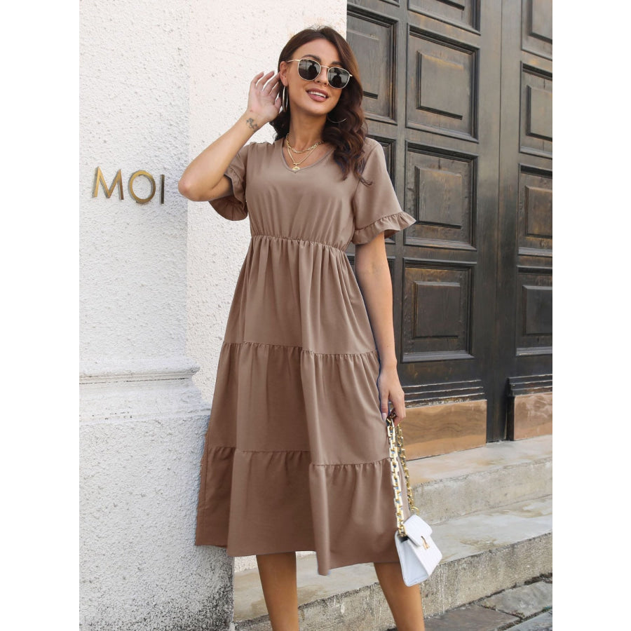 V-Neck Short Sleeve Midi Dress Apparel and Accessories