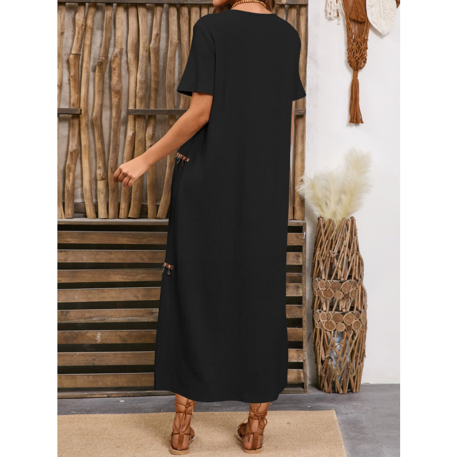 V-Neck Short Sleeve Midi Dress Black / S Apparel and Accessories