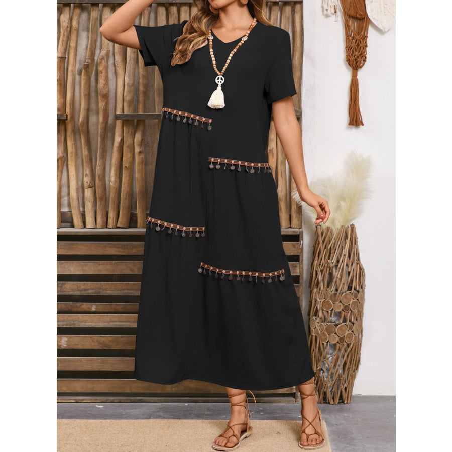 V-Neck Short Sleeve Midi Dress Black / S Apparel and Accessories