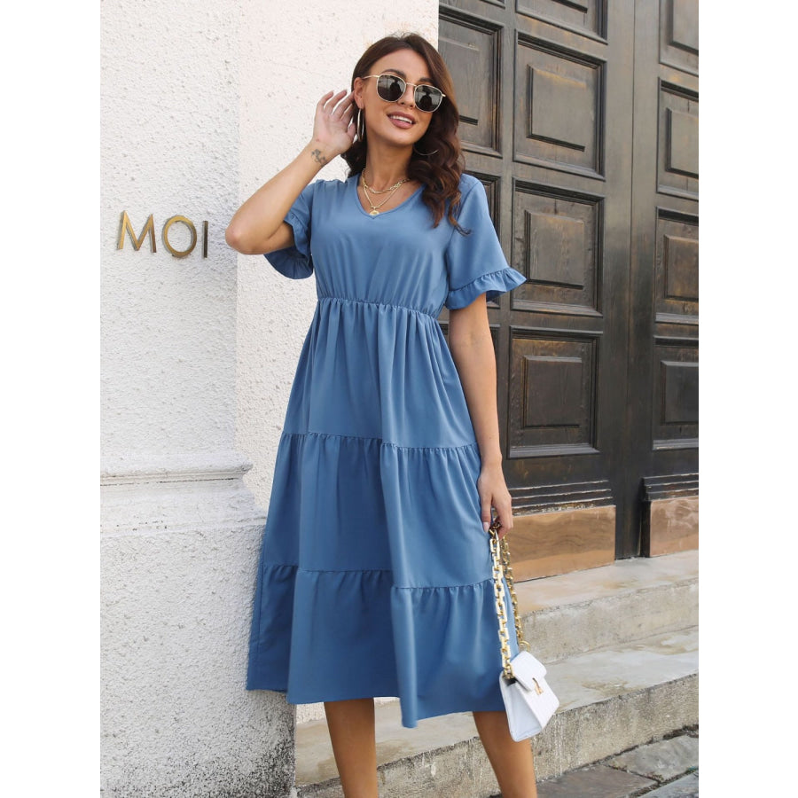 V-Neck Short Sleeve Midi Dress Cerulean / S Apparel and Accessories