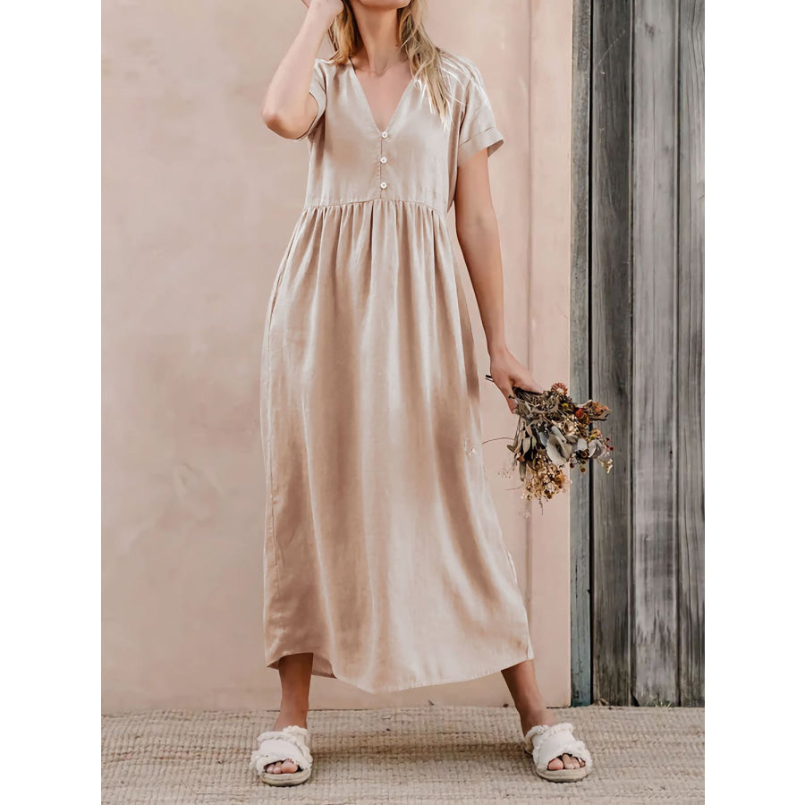 V - Neck Short Sleeve Midi Dress Dust Storm / S Apparel and Accessories