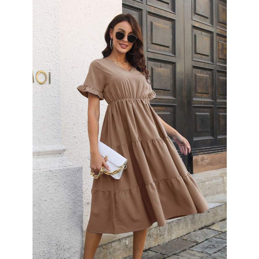 V-Neck Short Sleeve Midi Dress Khaki / S Apparel and Accessories