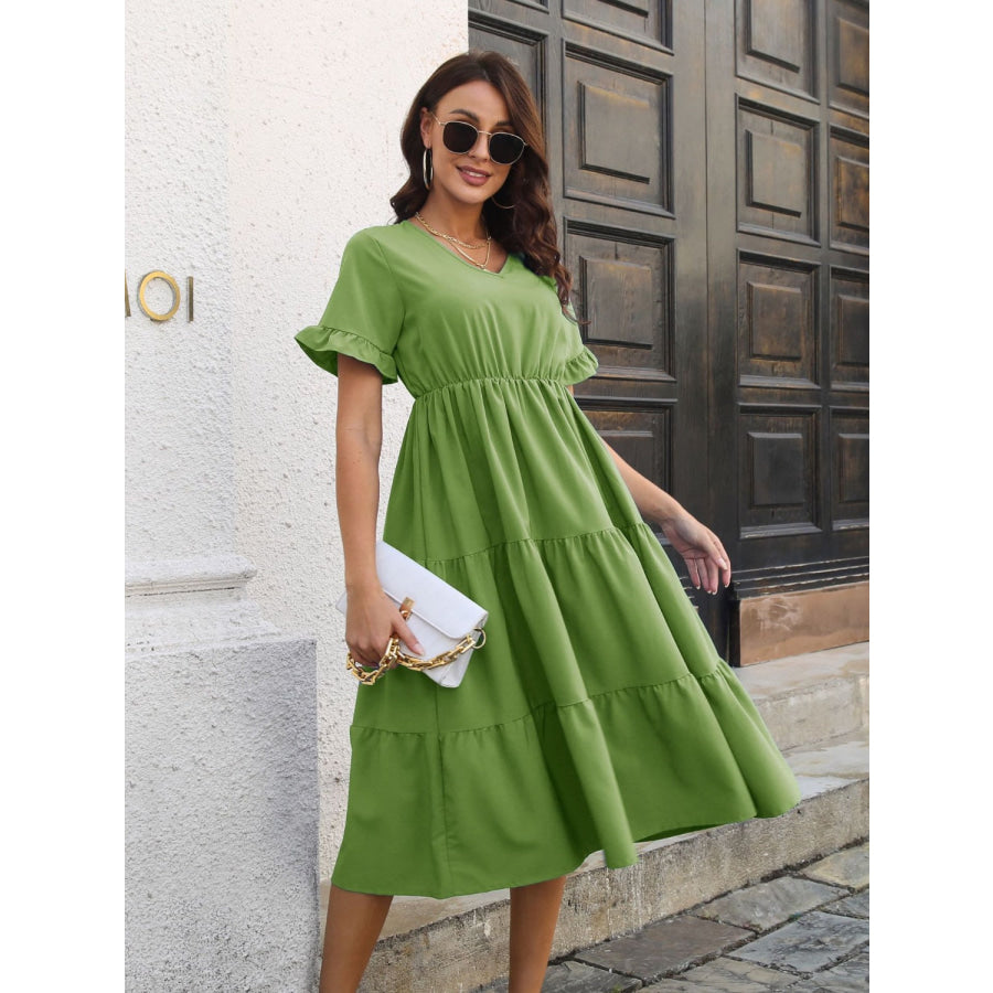 V-Neck Short Sleeve Midi Dress Matcha Green / S Apparel and Accessories