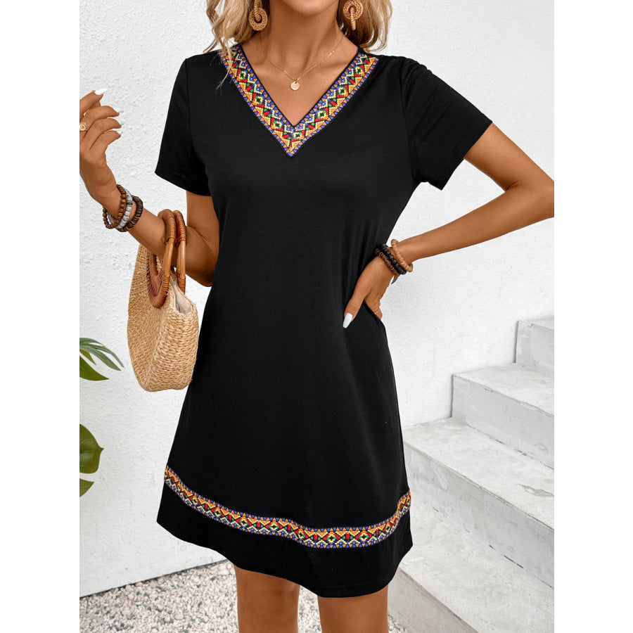 V-Neck Short Sleeve Mini Dress Apparel and Accessories