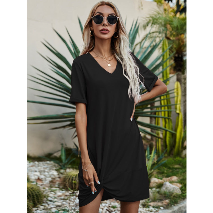 V - Neck Short Sleeve Mini Dress Black / S Apparel and Accessories